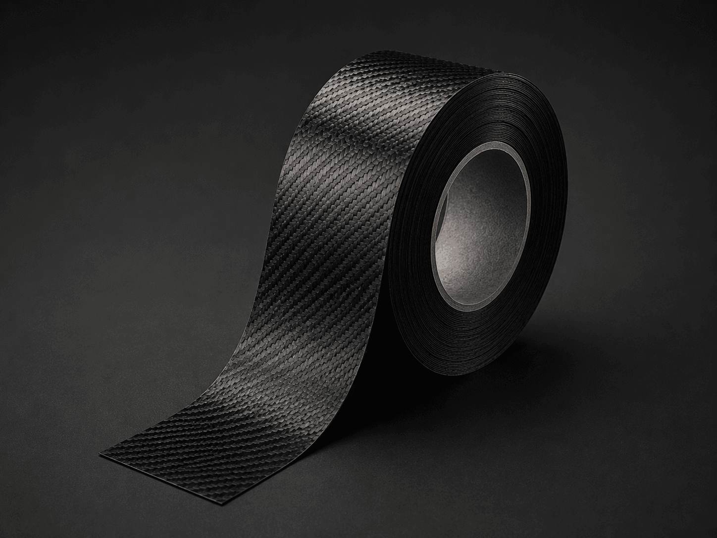 Roll of woven carbon fiber tape unspooling on a dark surface